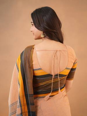 Orange Pure Cotton Handloom South Indian Style Saree with Unstitched Blouse Piece 5