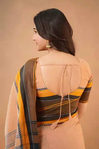 Orange Pure Cotton Handloom South Indian Style Saree with Unstitched Blouse Piece