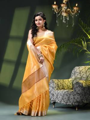Kanjivaram silk saree trendy kora tissue desinge organza swarnika zari banarasi saree for women 4