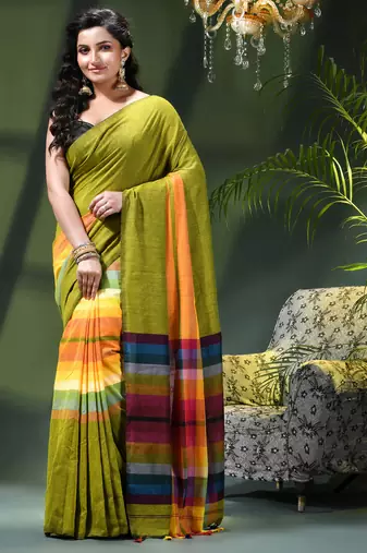 Women's pure cotton chettinad linen silk saree rainbow design daily wear fancy wedding cotton saree