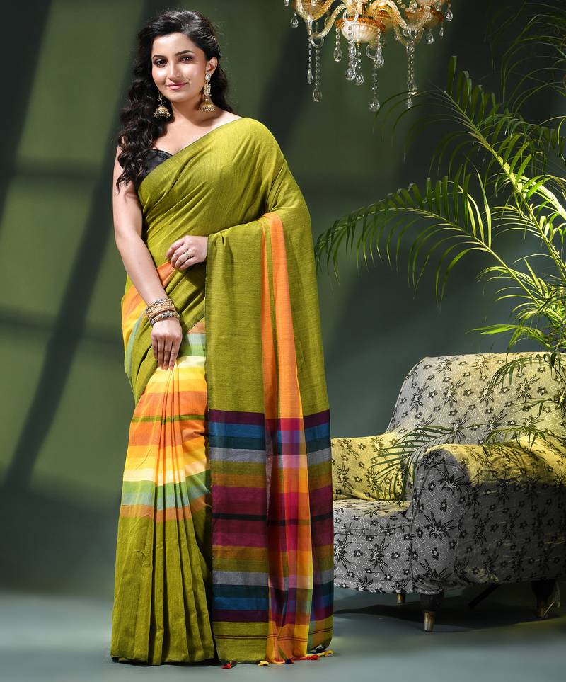 Women's pure cotton chettinad linen silk saree rainbow design daily wear fancy wedding cotton saree