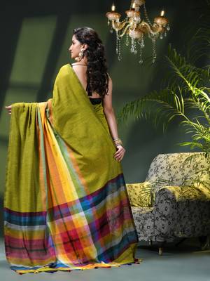 Women's pure cotton chettinad linen silk saree rainbow design daily wear fancy wedding cotton saree 3