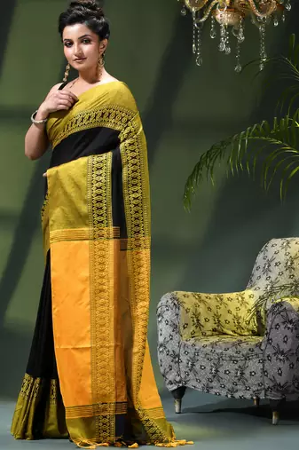 Women's pure cotton silk linen party wear saree diamond handloom design georgette zari cotton saree