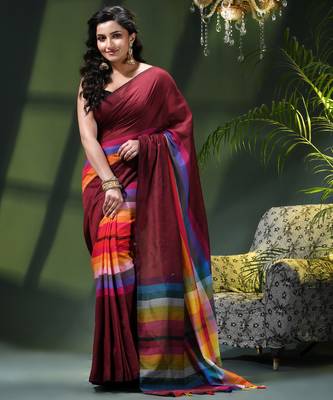 Women's pure cotton chettinad linen silk saree rainbow design daily wear fancy wedding cotton saree 1