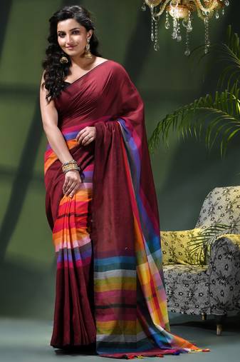 Women's pure cotton chettinad linen silk saree rainbow design daily wear fancy wedding cotton saree