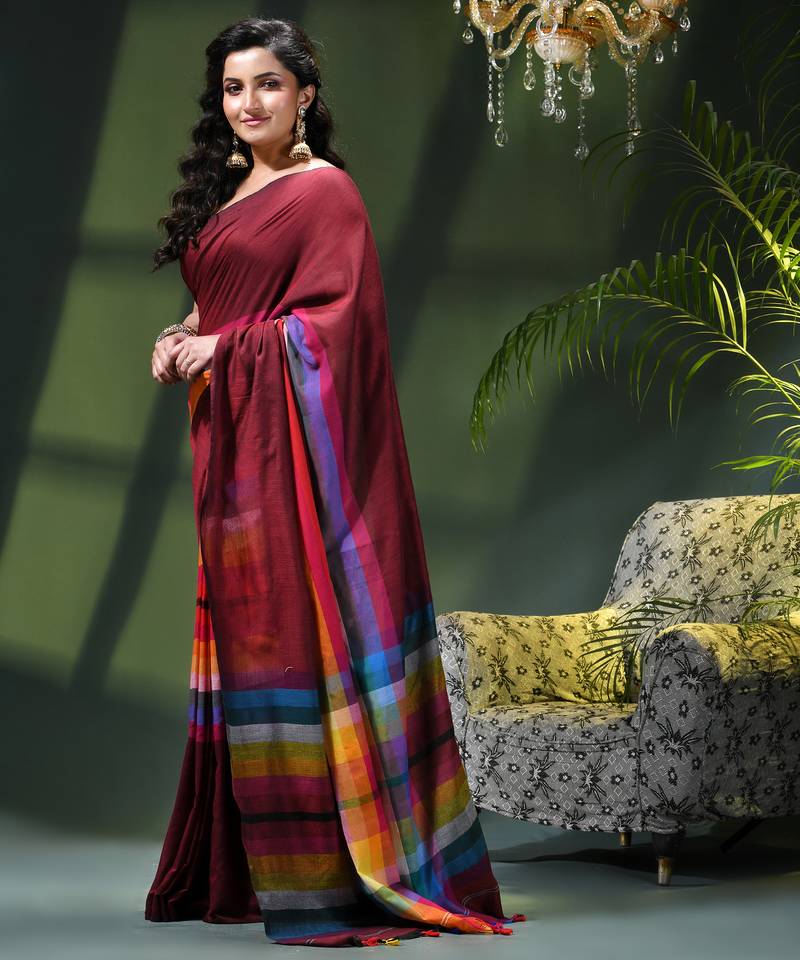 Women's pure cotton chettinad linen silk saree rainbow design daily wear fancy wedding cotton saree
