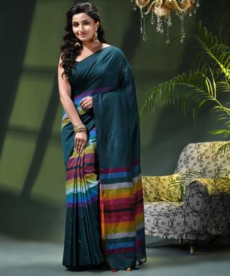 Women's pure cotton chettinad linen silk saree rainbow design daily wear fancy wedding cotton saree 1