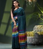 Women's pure cotton chettinad linen silk saree rainbow design daily wear fancy wedding cotton saree