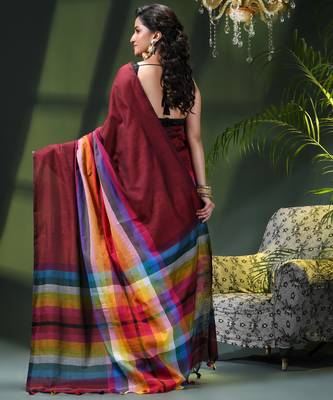 Women's pure cotton chettinad linen silk saree rainbow design daily wear fancy wedding cotton saree 3