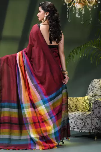 Women's pure cotton chettinad linen silk saree rainbow design daily wear fancy wedding cotton saree