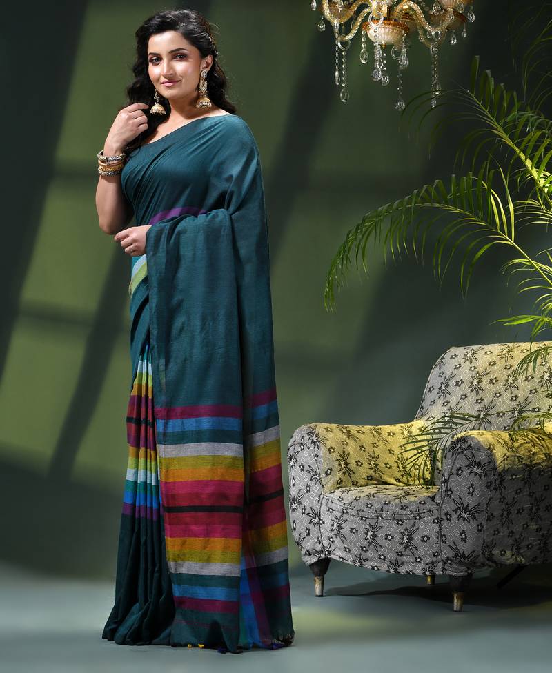 Women's pure cotton chettinad linen silk saree rainbow design daily wear fancy wedding cotton saree