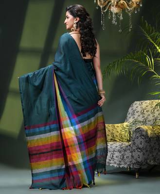 Women's pure cotton chettinad linen silk saree rainbow design daily wear fancy wedding cotton saree 3