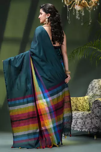 Women's pure cotton chettinad linen silk saree rainbow design daily wear fancy wedding cotton saree