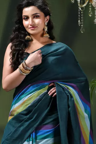 Women's pure cotton chettinad linen silk saree rainbow design daily wear fancy wedding cotton saree