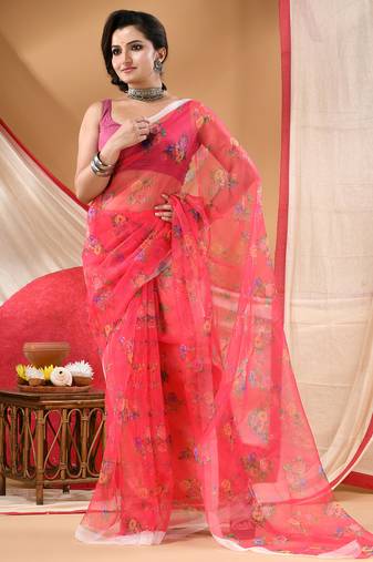Women's printed organza sari trending rose leaf design fancy wedding saree for women