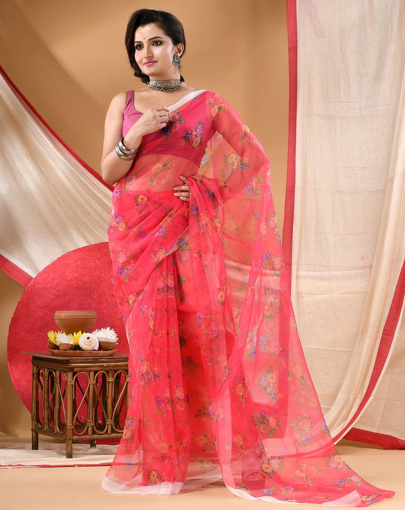 Women's printed organza sari trending rose leaf design fancy wedding saree for women