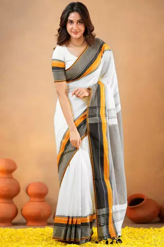 White pure cotton handloom south indian style saree with unstitched blouse piece