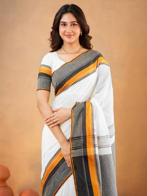 White pure cotton handloom south indian style saree with unstitched blouse piece 4