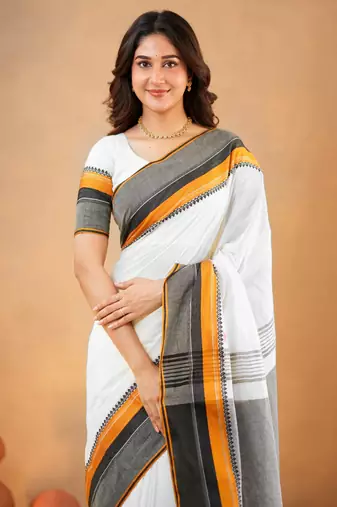White pure cotton handloom south indian style saree with unstitched blouse piece
