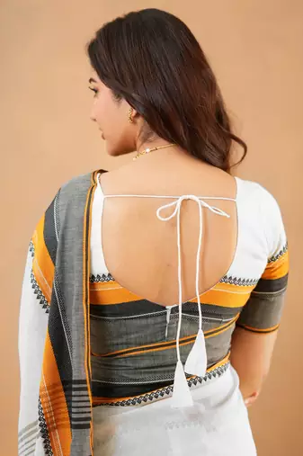 White pure cotton handloom south indian style saree with unstitched blouse piece