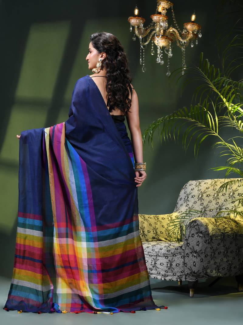 Women's pure cotton chettinad linen silk saree rainbow design daily wear fancy wedding cotton saree
