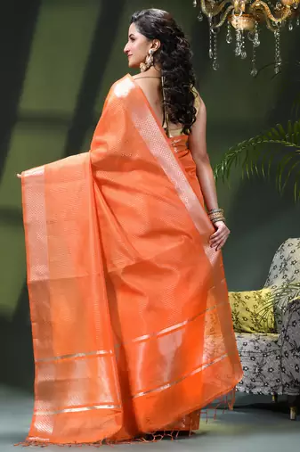 Women`s kanjivaram silk party wear trendy zari work kanak design kora tissue banarasi saree for women