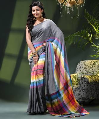 Women's pure cotton chettinad linen silk saree rainbow design daily wear fancy wedding cotton saree 1