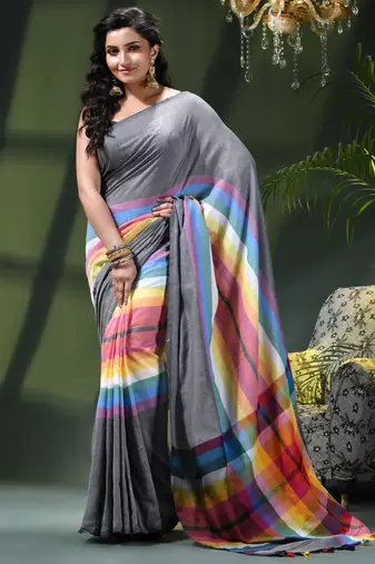 Women's pure cotton chettinad linen silk saree rainbow design daily wear fancy wedding cotton saree
