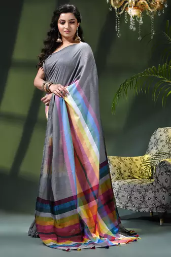 Women's pure cotton chettinad linen silk saree rainbow design daily wear fancy wedding cotton saree