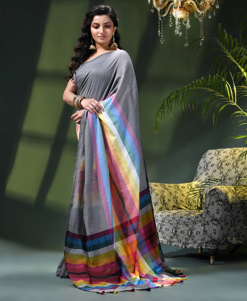 Women's pure cotton chettinad linen silk saree rainbow design daily wear fancy wedding cotton saree