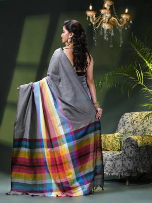 Women's pure cotton chettinad linen silk saree rainbow design daily wear fancy wedding cotton saree 3