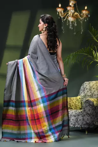 Women's pure cotton chettinad linen silk saree rainbow design daily wear fancy wedding cotton saree