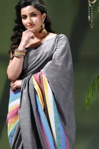 Women's pure cotton chettinad linen silk saree rainbow design daily wear fancy wedding cotton saree