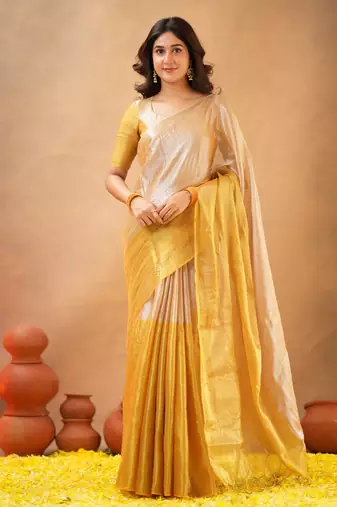 Gold Pure Tissue Cotton Handloom South Indian Style Saree with Unstitched Blouse Piece
