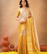 Gold Pure Tissue Cotton Handloom South Indian Style Saree with Unstitched Blouse Piece