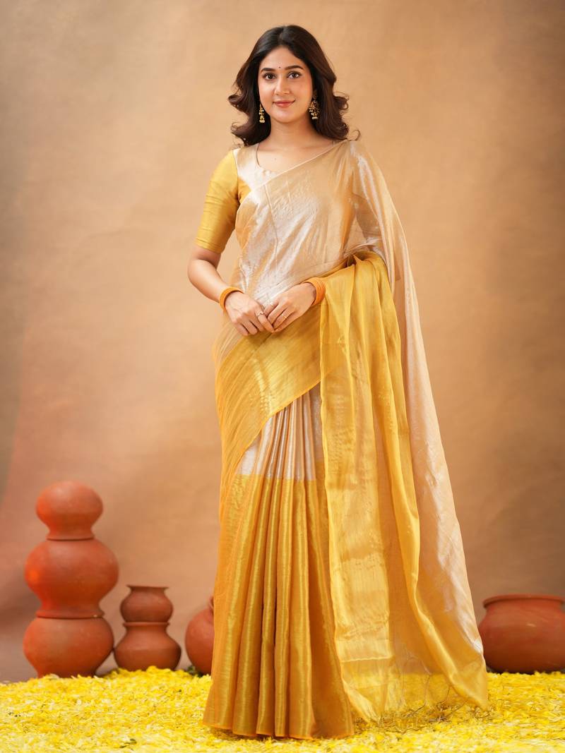 Gold Pure Tissue Cotton Handloom South Indian Style Saree with Unstitched Blouse Piece