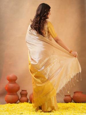 Gold Pure Tissue Cotton Handloom South Indian Style Saree with Unstitched Blouse Piece 2