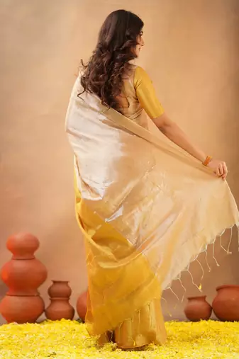 Gold Pure Tissue Cotton Handloom South Indian Style Saree with Unstitched Blouse Piece