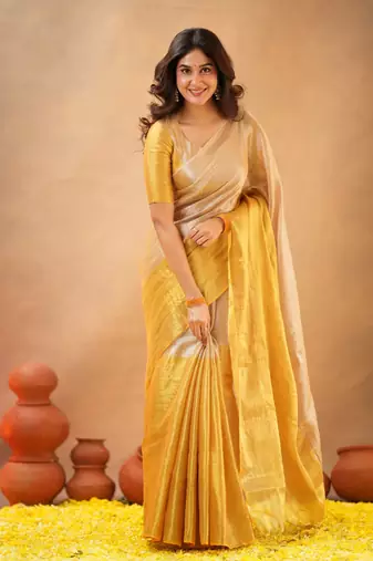 Gold Pure Tissue Cotton Handloom South Indian Style Saree with Unstitched Blouse Piece