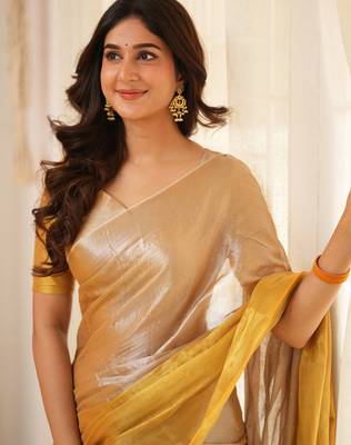 Gold Pure Tissue Cotton Handloom South Indian Style Saree with Unstitched Blouse Piece 4