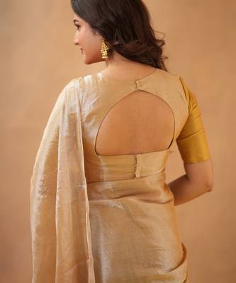 Gold Pure Tissue Cotton Handloom South Indian Style Saree with Unstitched Blouse Piece 5