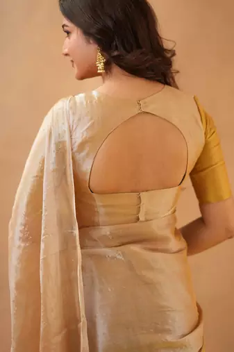 Gold Pure Tissue Cotton Handloom South Indian Style Saree with Unstitched Blouse Piece