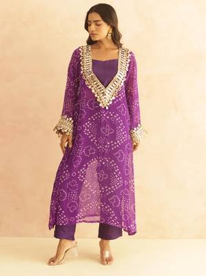Qirat purple bandhej mirror lace work fusion set 5