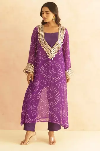 Qirat purple bandhej mirror lace work fusion set