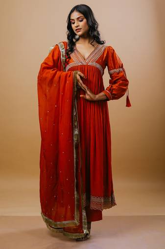 Orange chanderi embroidered kurta sets