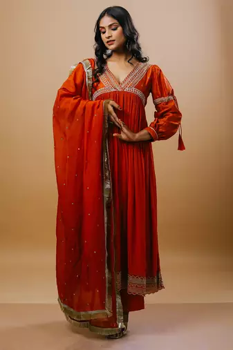 Orange chanderi embroidered kurta sets