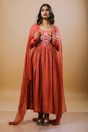 Rust cotton embroidered kurta sets