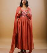 Rust cotton embroidered kurta sets