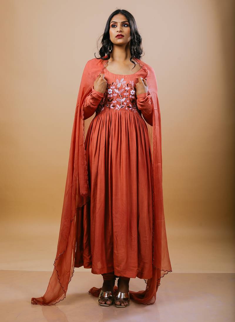 Rust cotton embroidered kurta sets