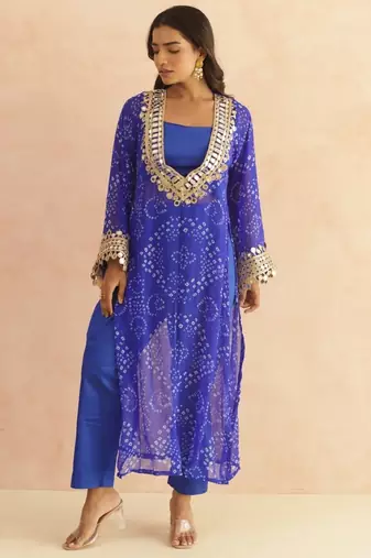 Ravina royal blue bandhej mirror lace work fusion set